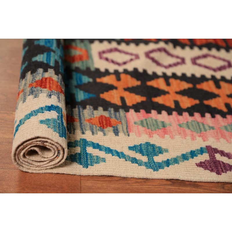 Geometric Kilim Area Rug Flatweave Oriental Multi-Color Wool Carpet - 9'11"x 12'10"