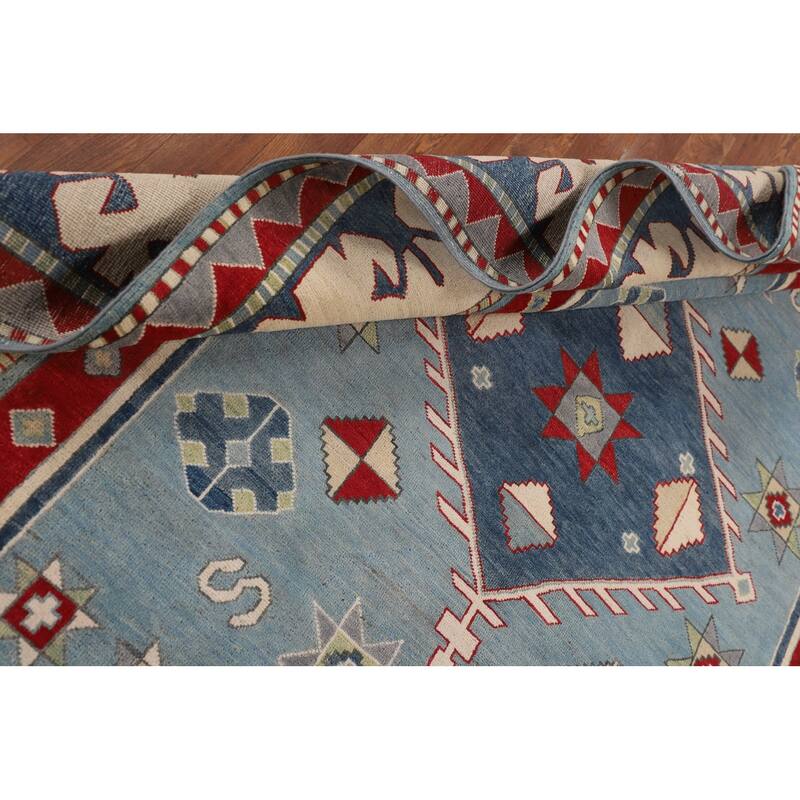 Light Blue Geometric Kazak Area Rug Living Room Handmade Wool Carpet - 6'4" x 9'10"