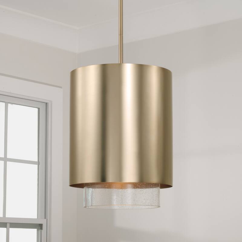 11.50"W x 19.50"H 1-Light Cylindrical Metal Pendant with Seeded Glass - 11.5"W x 19.5"H