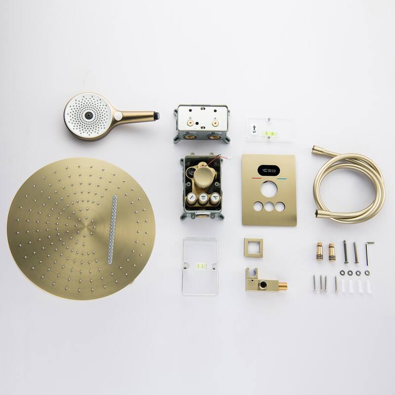 Wall Mounted Thermostatic Shower Faucet with Hand Shower Brushed Gold Rain Waterfall Complete Shower System with Brass Valve