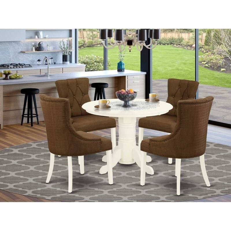 HomeStock 5-Piece Round Buttermilk & Cherry Finish Solid Wood Top Dining Table with 4 Parson Chair with Lattice Back