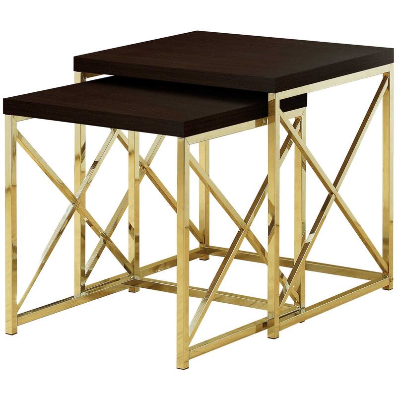 Space-Saving 2 Piece Nesting Tables Set Brown Wood Top with Gold Frame for Living Room - 19.75"L x 19.75"W x 21.25"H - Gold-Brown