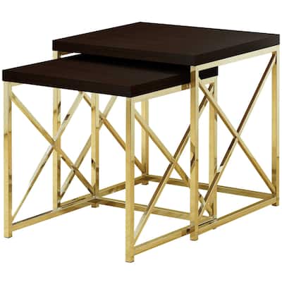 Space-Saving 2 Piece Nesting Tables Set Brown Wood Top with Gold Frame for Living Room - 19.75"L x 19.75"W x 21.25"H