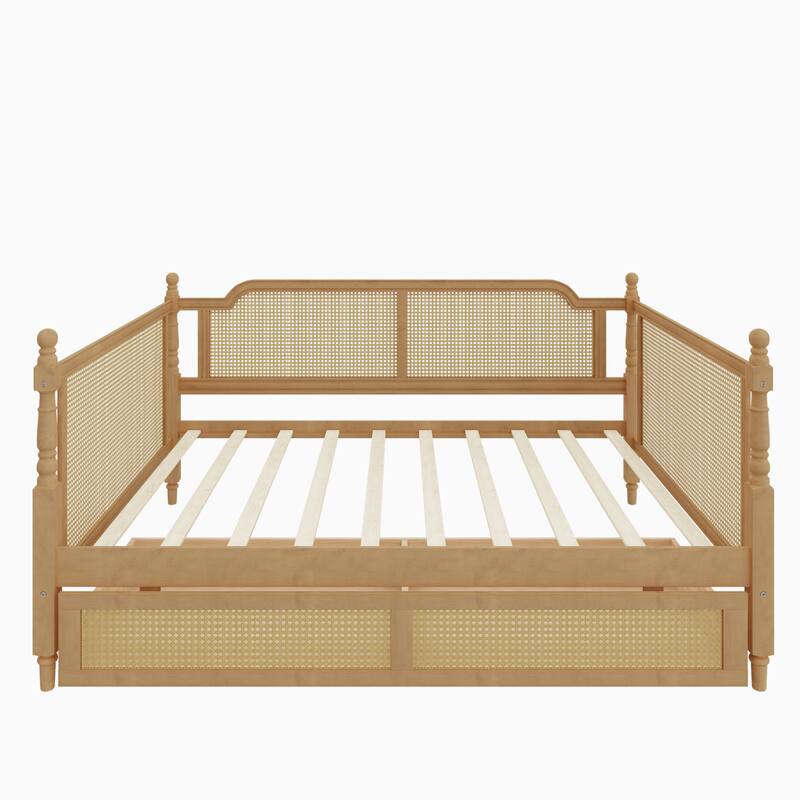 Rattan Frame Daybed with Pull-out Storage Drawers Bookcase Bed - Wooden Sofa Bed with Trundle Bed Platform Bedframe - Open Bed