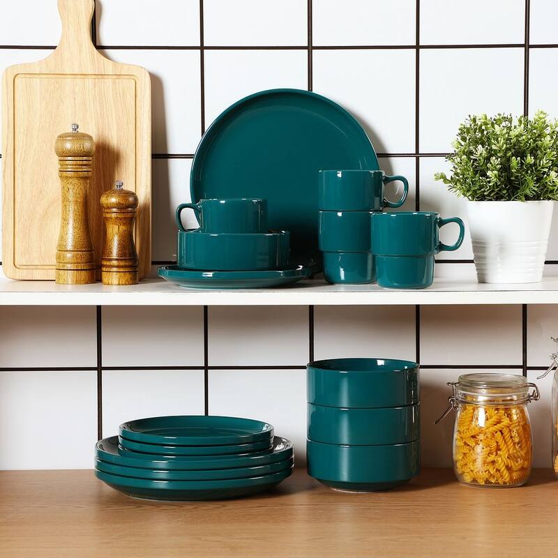LOVECASA 16-Piece Round Dinnerware Set Stackable, Service for 4