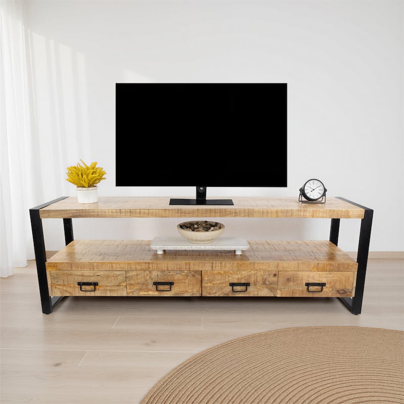71" Solid Mango Wood Industrial TV Stand with Storage Drawers