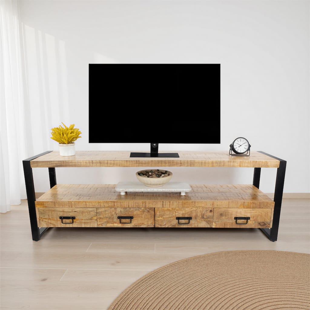 71" Solid Mango Wood Industrial TV Stand with Storage Drawers