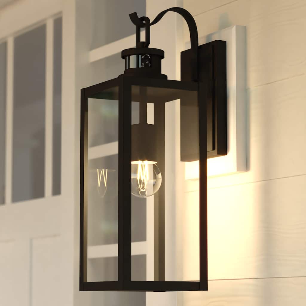 VAXCEL Clinton Matte Black Motion Sensor Dusk to Dawn Outdoor Wall Sconce Light Fixture, Steel, Clear Glass Shade