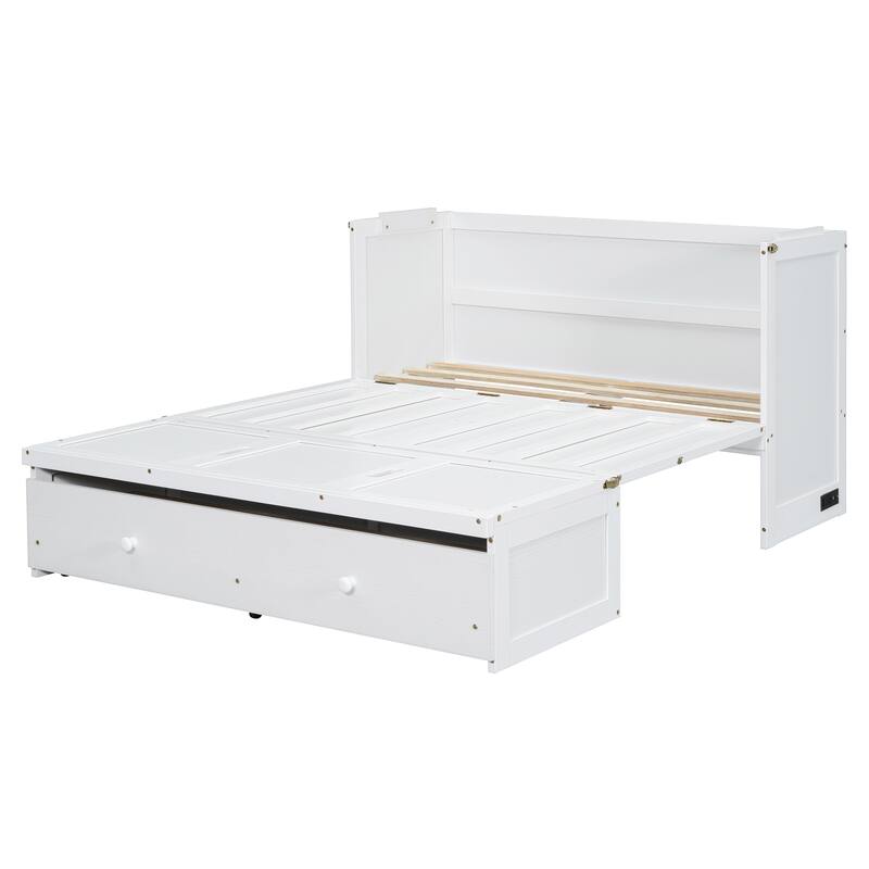 Queen Size Murphy Bed Cabinet with USB Charging Ports and Storage Drawer, Foldable Space-Saving Design with Pine Wood Frame