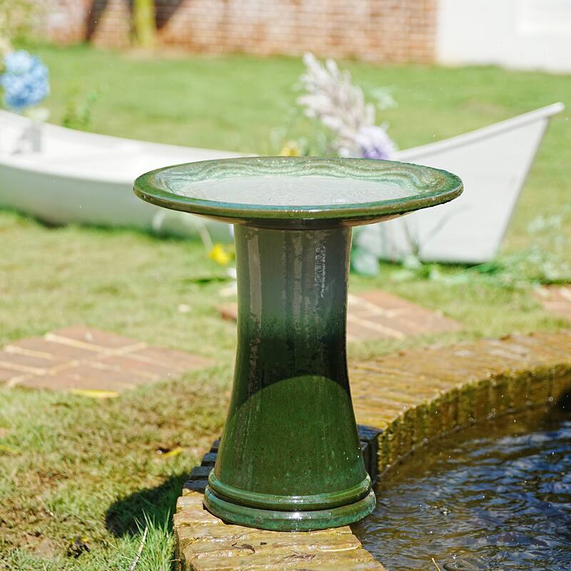 17"Ceramic Bird Bath for Outside, Elegant Tall Outdoor Bird Bath, Lightweight Pedestal Glazed Birdbaths with Swirl Pattern - Green