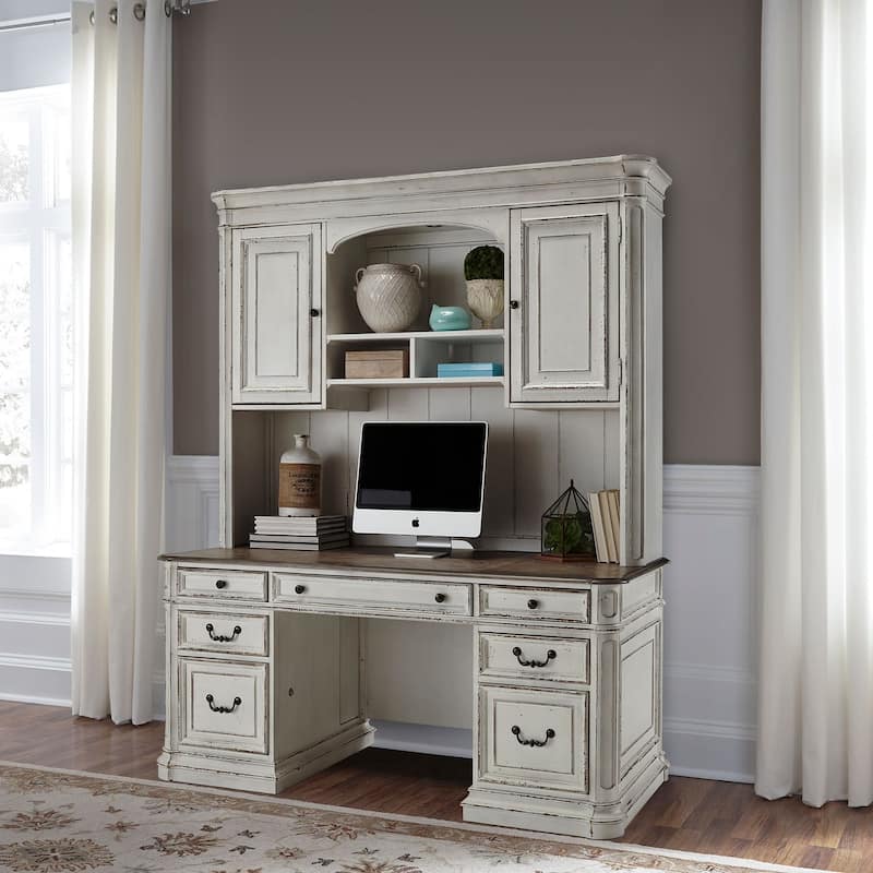 Magnolia Manor Antique White Weathered Bark Complete 5 Piece Desk