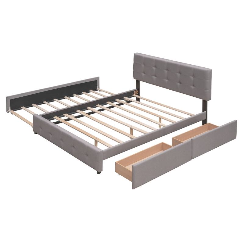 Queen Linen Tufted Platform Bed with Drawers and Trundle