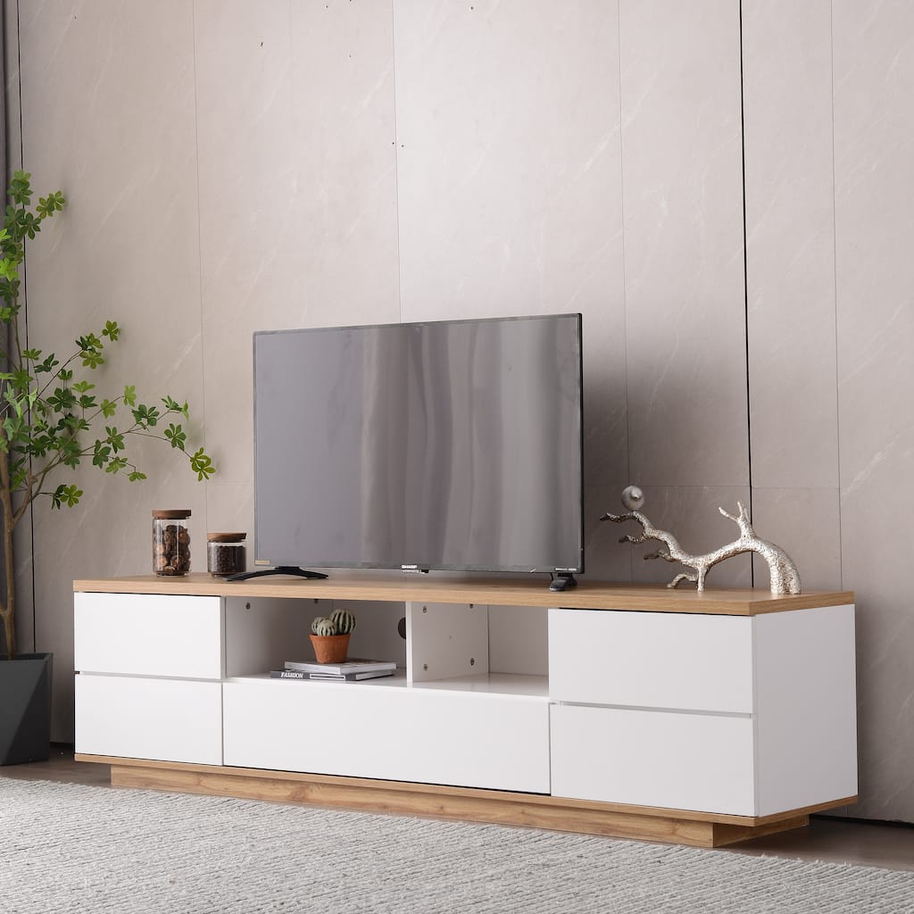 Wood TV Stand with Door Rebound Device, Entertainment Center with Storage Cabinets, Media Console Table with Open Shelves