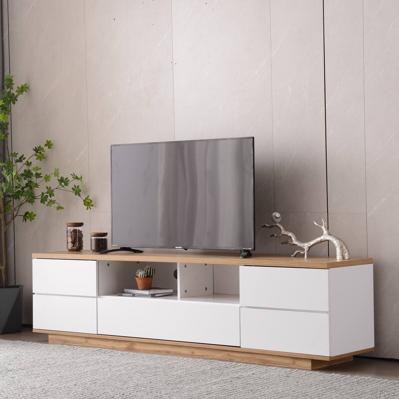 Wood TV Stand with Door Rebound Device, Entertainment Center with Storage Cabinets, Media Console Table with Open Shelves - White+Natural