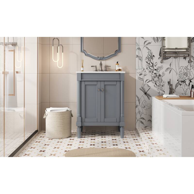 Bathroom Vanity with Sink, Wood Bathroom Storage Cabinet, Small Bathroom Vanity with 2 Soft Closing Doors & Storage Shelves聽