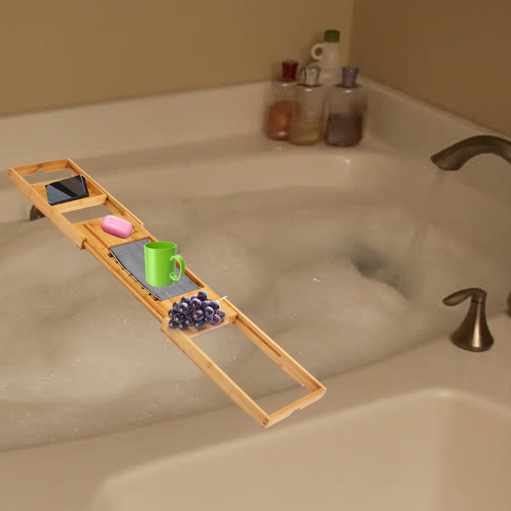 Luxury Foldable Bathtub Tray Caddy - Waterproof Wooden Bath Organizer for  Wine, Book, Soap, Phone - Expandable Size Fits Most Tubs