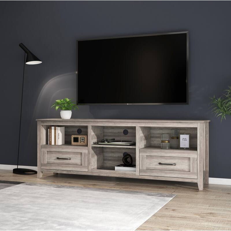 Contemporary TV Stand with 4 Open Storage Compartments and 2 Drawers, Fits 60 TVs, 70 W.