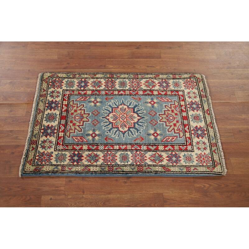 Light Blue Kazak Accent Rug Handmade Geometric Wool Carpet - 2'0" x 3'2"