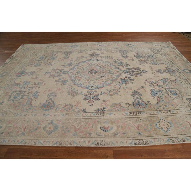 Tabriz Persian Area Rug Beige Oriental Hand-Knotted Wool Carpet - 7'11"x 11'0"