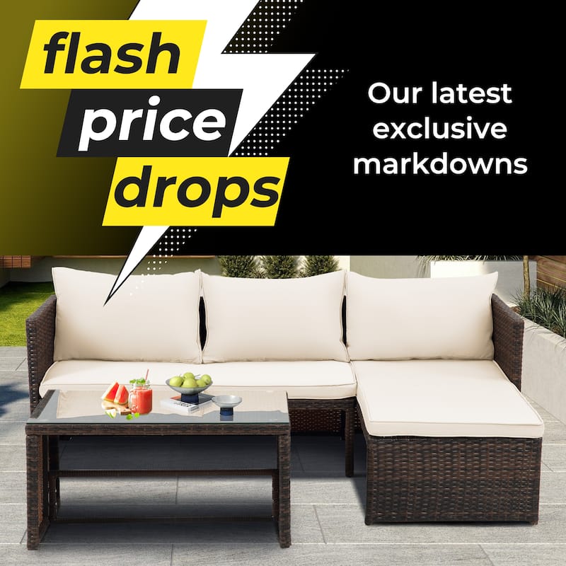 3-Piece Outdoor PE Rattan Furniture Set Patio Wicker Conversation Loveseat Sofa Sectional Couch Cushion