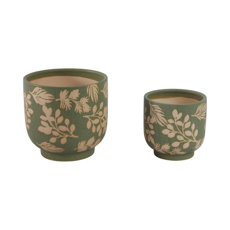 Ceramic Planter with Hand Painted Leaves Design - Set of 2, 6", 8" - 8.0"