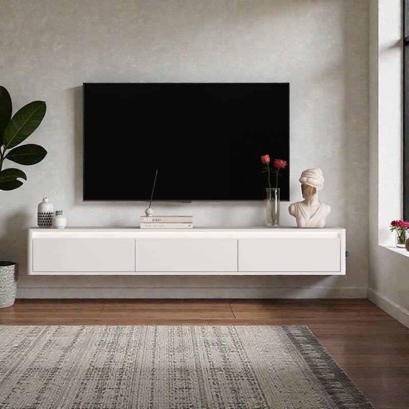 68.9" Floating TV Stand with LED Lights and Power Outlet, Wall Mounted High Gloss Media Console Shelf for Living Room - White