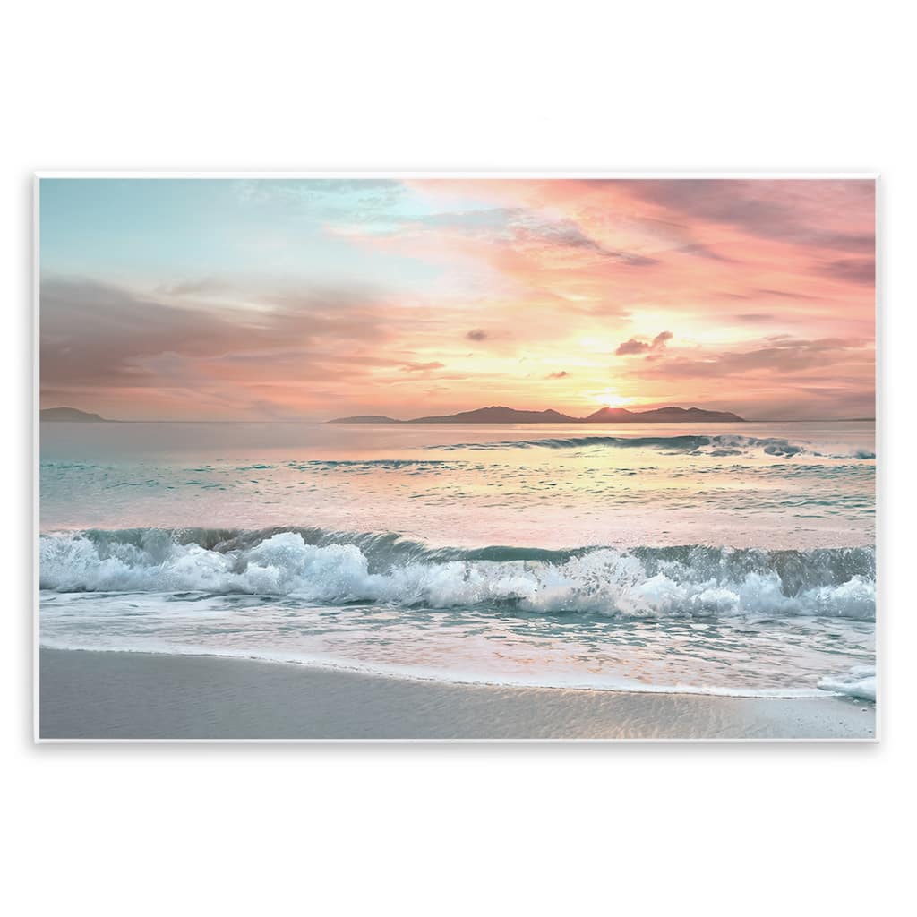 Stupell Morning Sunrise Beach Landscape Distant Mountains Rolling Tide Wood Wall Art - Orange