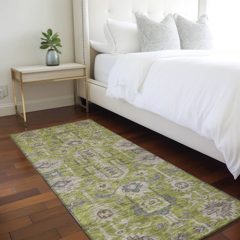 Machine Washable Indoor/ Outdoor Chantille Traditional Boho Rug - Olive - 2'3" x 7'6"