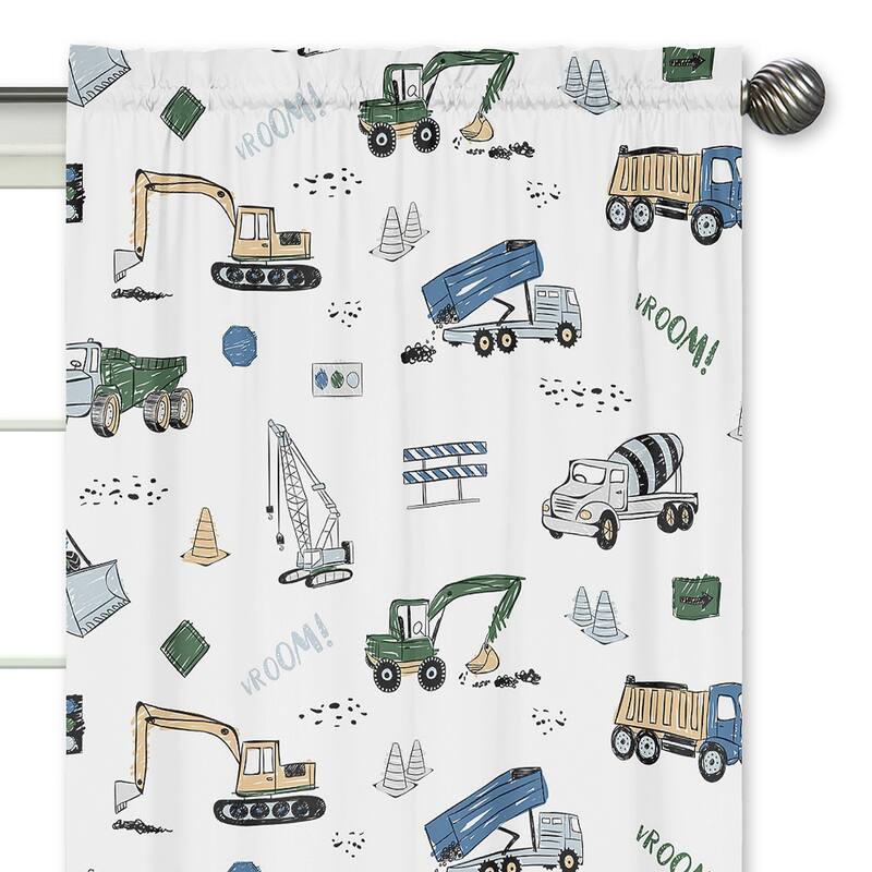 Construction Truck Collection 84-inch Window Treatment Curtain Panel Pair - Grey Yellow Black Blue and Green Transportation