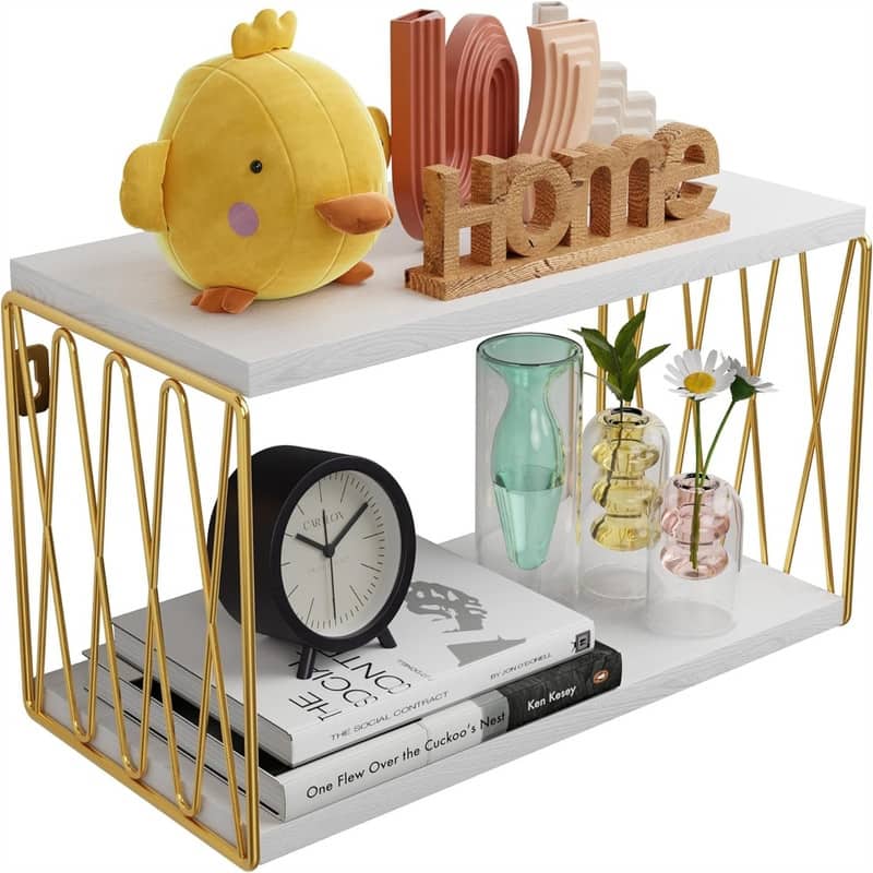 White and Gold Bedside Wall Shelves for Bedroom - 8"D x 16"W x 8.5"H - 8"D x 16"W x 8.5"H - White+gold