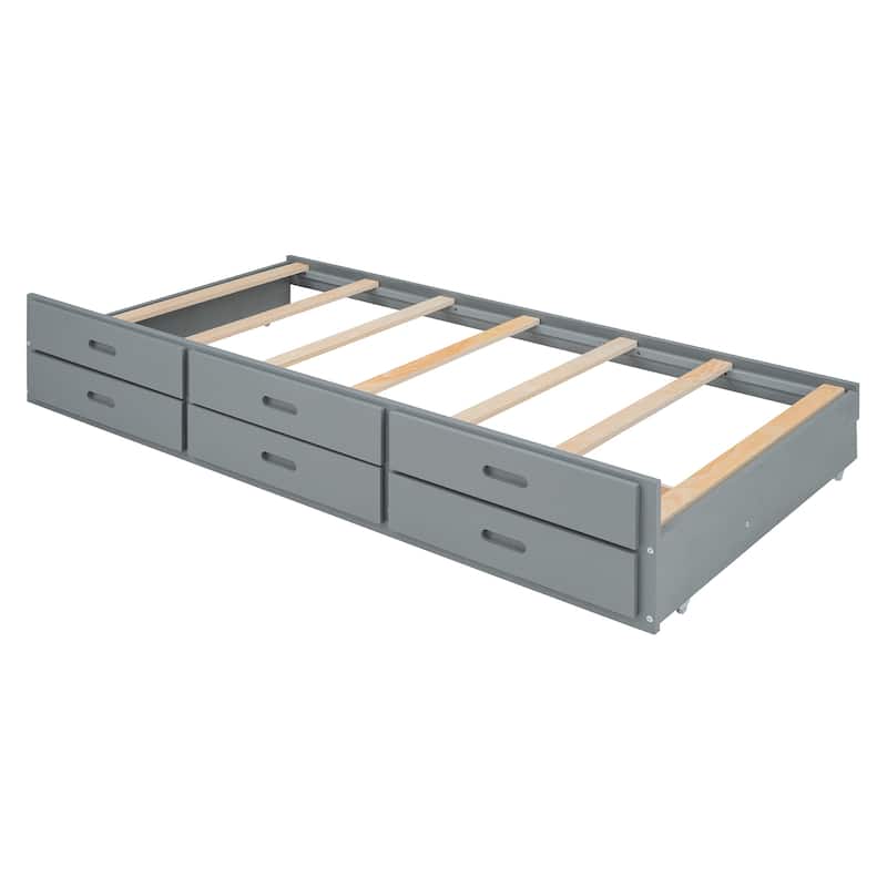 Wooden Platform Bed with Storage Headboard and Outlets, Versatile Extendable Storage Bed with Twin Size Trundle and 3 Drawers