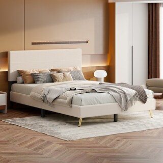Corduroy Queen Bed with Metal Legs and Headboard, No Box Spring