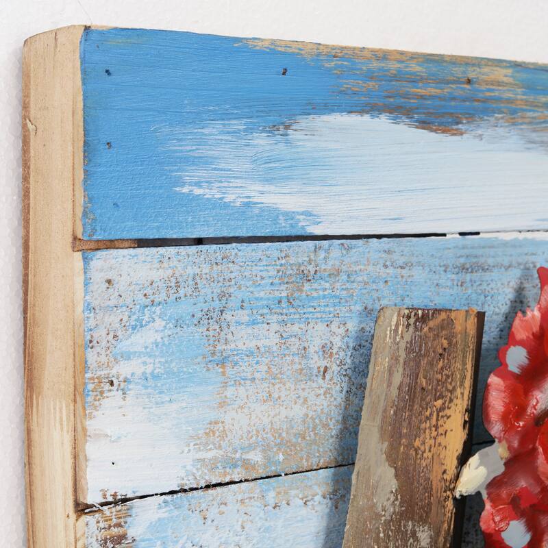 "Chickens" Handed Painted Iron Wall Sculpture on Slatted Solid Wood Wall Art