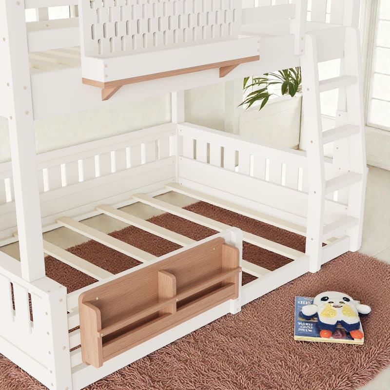 Full XL over Queen / Full over Queen Bunk Bed with Ladder, Guardrails, Pegboard & Built-In Bookshelf, Solid Wood Frame