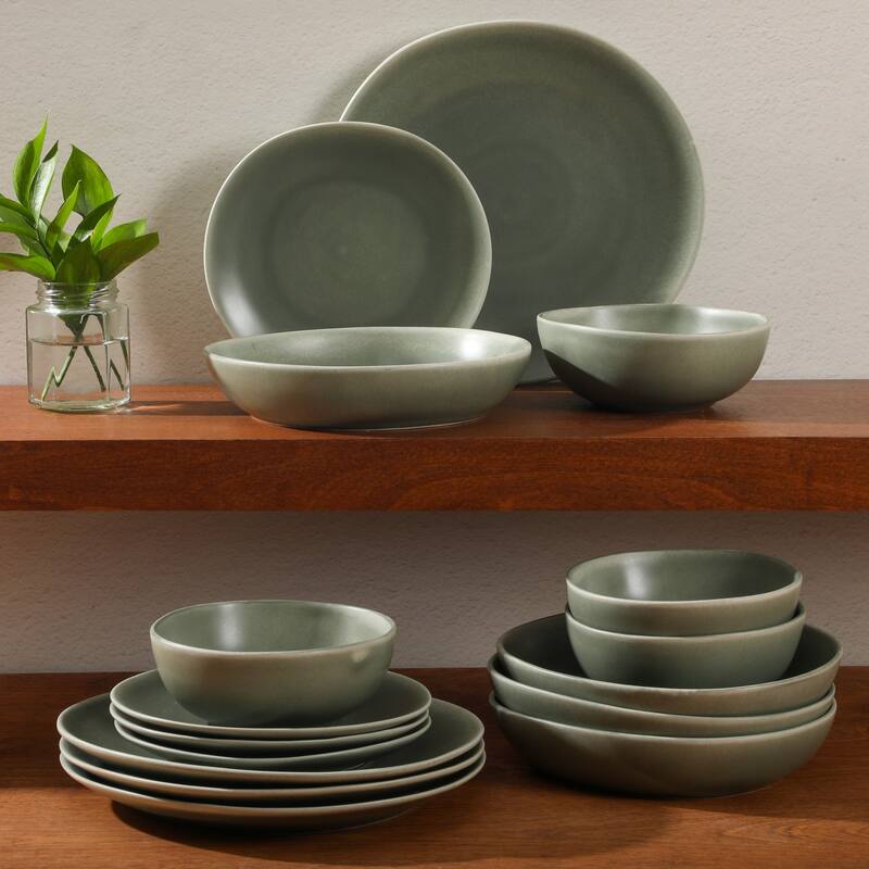 Gibson Elite Zion Mist 16 Piece Stoneware Reactive Glaze (Service for 4) Ceramic Plates and Bowls Modern Organic Dinnerware Set