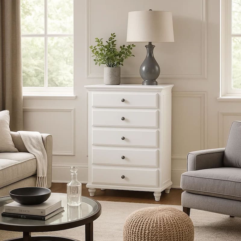 5 Drawer Spacious Wooden Chest White