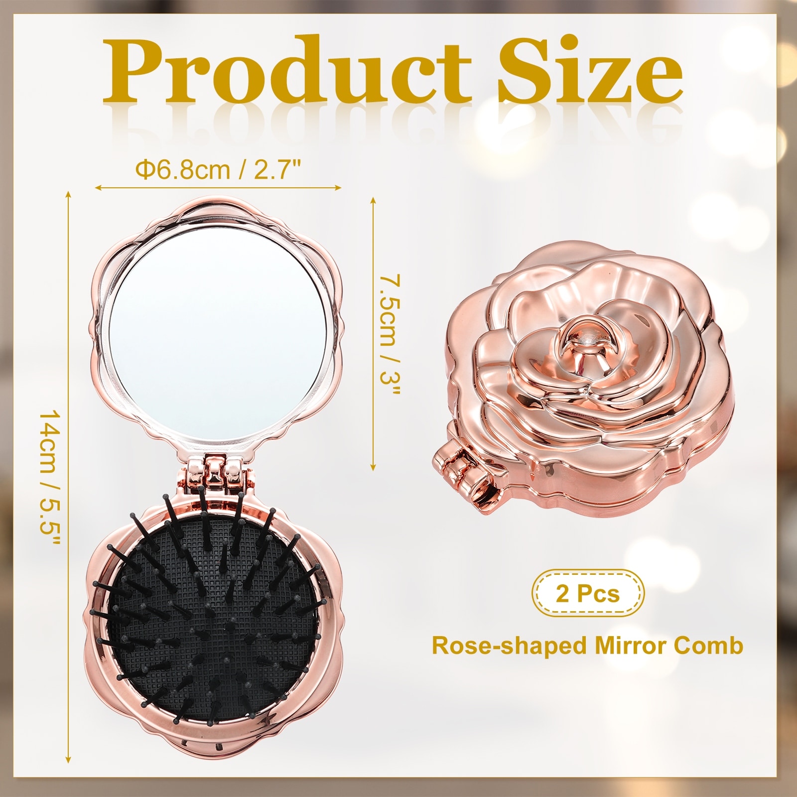 Travel Hair Brush with Mirror, Rose Shape Mini Massage Hairbrush Portable Makeup Pocket Folding for Women Girls Gym