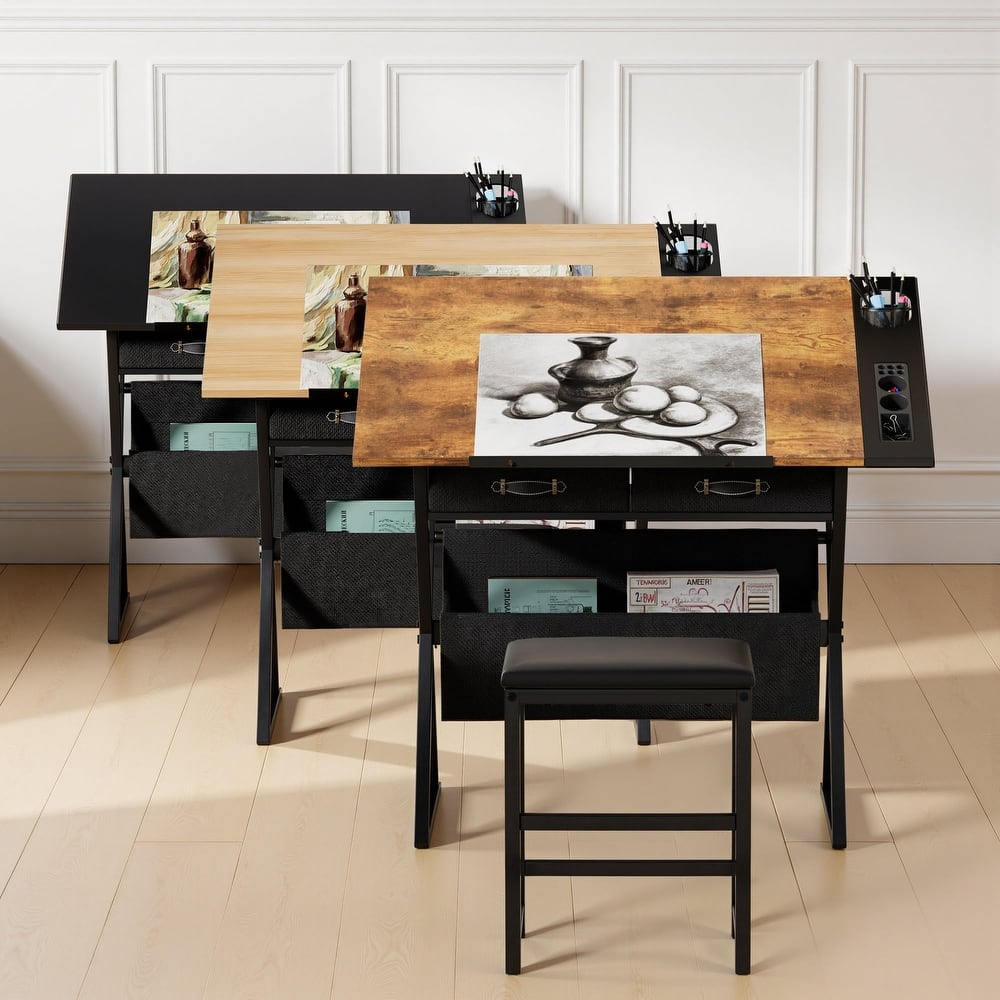 VECELO Drafting Table Set with Stool Set of 2 Tilting Art Desk with Pencil Ledge Storage Drawers with X-Frame for Home Studio