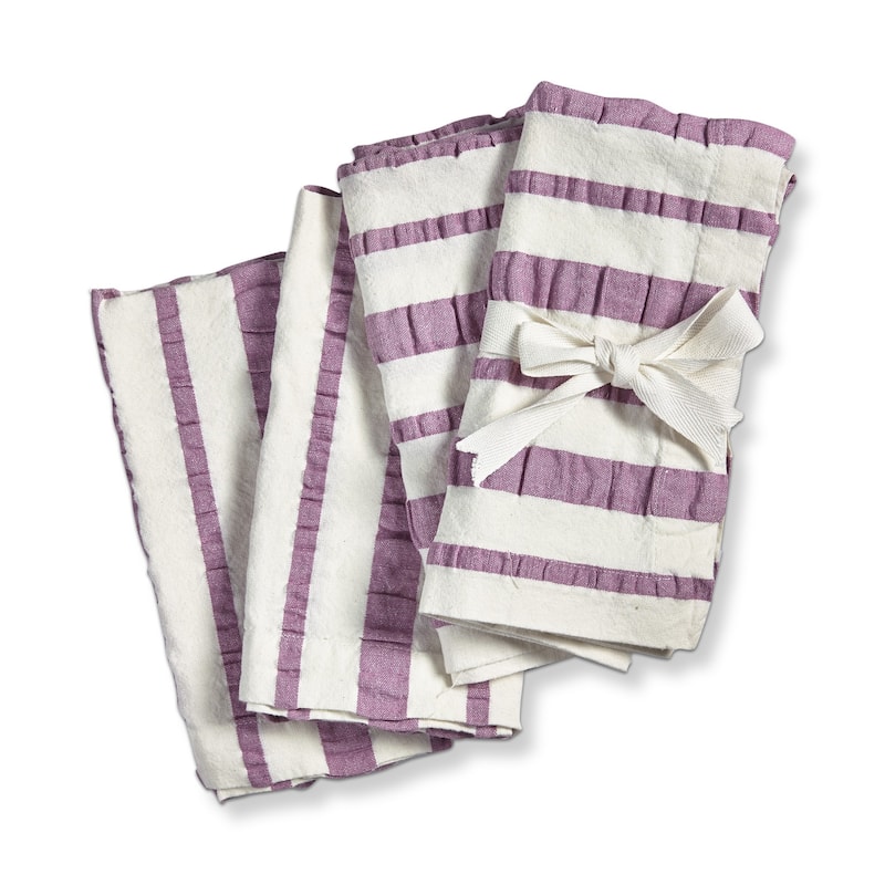 Purple Seersucker Horizontal and Vertical Stripes on White Background Cotton Machine Washable Napkin Set of 4 Lavendar