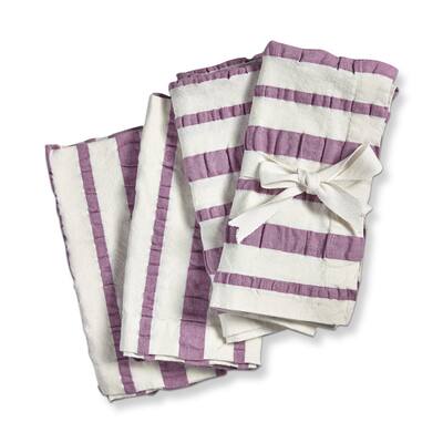 Purple Seersucker Horizontal and Vertical Stripes on White Background Cotton Machine Washable Napkin Set of 4 Lavendar