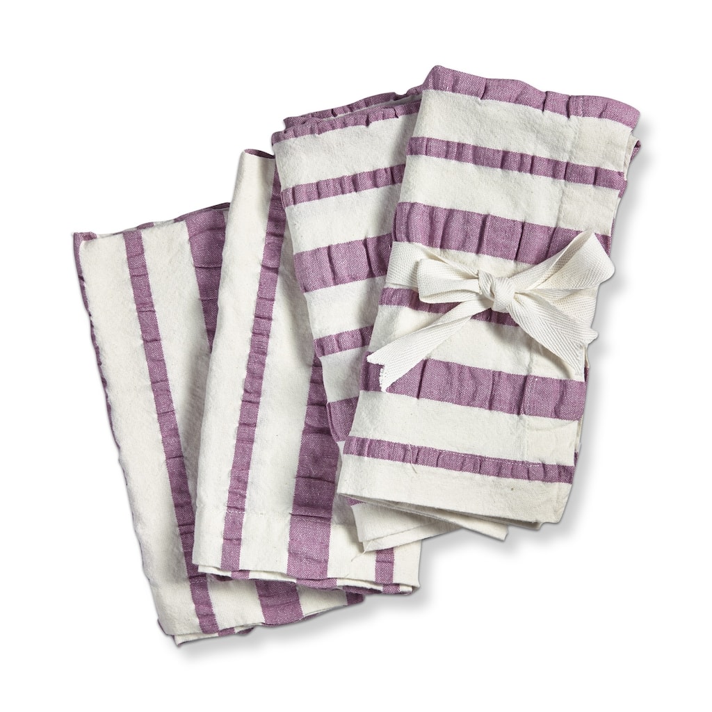 Purple Seersucker Horizontal and Vertical Stripes on White Background Cotton Machine Washable Napkin Set of 4 Lavendar