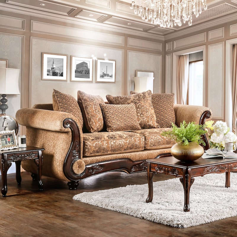 Traditional Tan Chenille Upholstered Rolled Arms Sofa by Furniture of America - Gold/Tan/Espresso