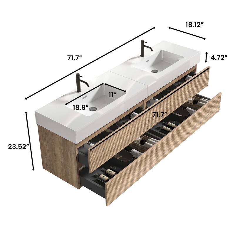GDFStudio - Grace Wall-Mounted Bathroom Vanity with Engineered Quartz Sink & Soft Close Drawers, without Drainage and Faucet
