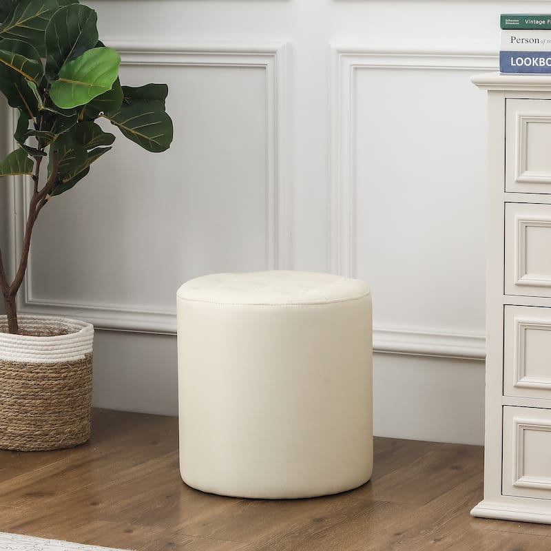 Adeco Round Ottoman Upholstered Tufted Faux Leather Footrest - Ivory - Medium