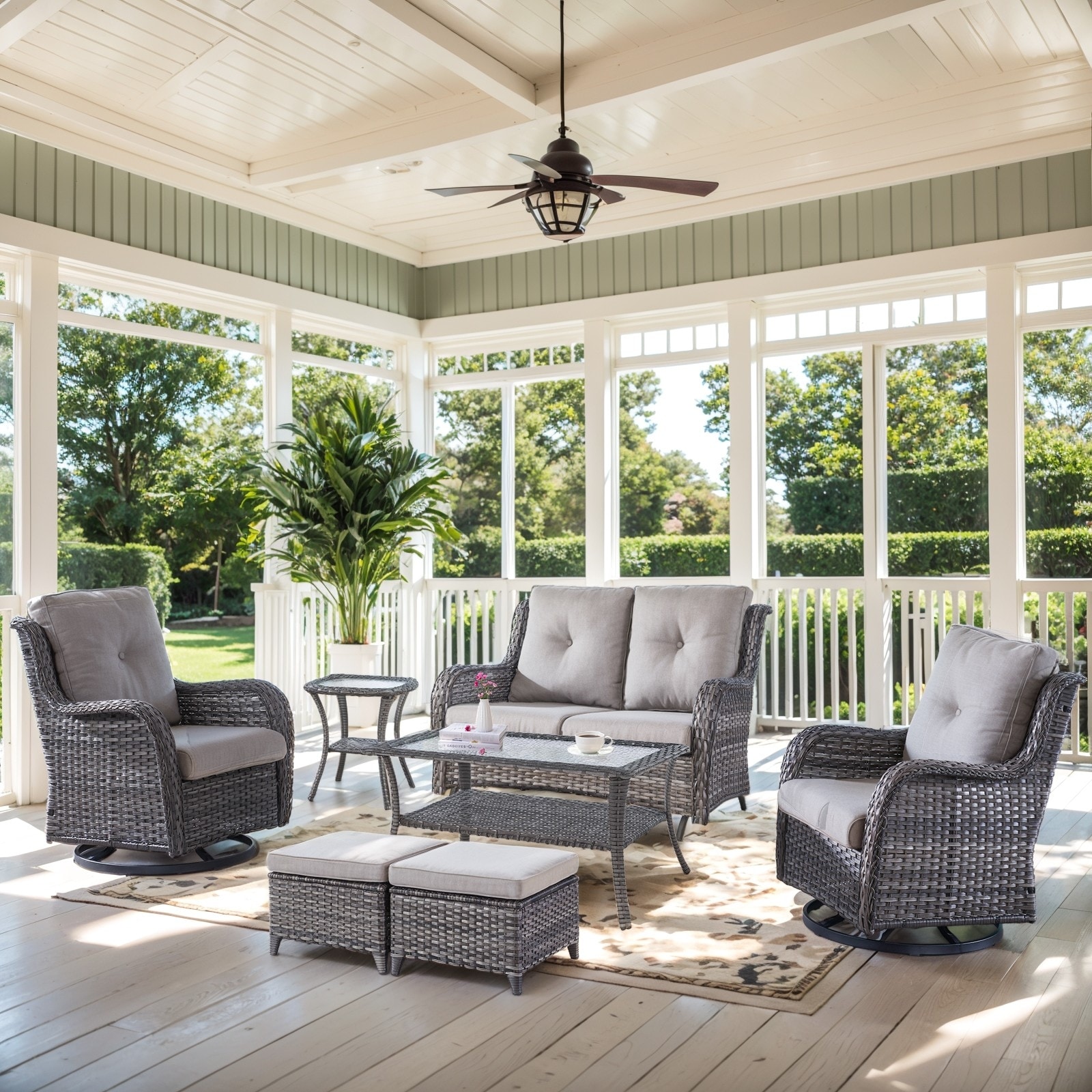 Outdoor Glider Sofa Swivel Chair & Ottomans - Grey cushion