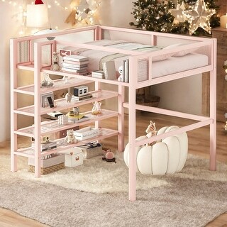 Modern Style Full Size Metal Loft Bed with 4-Tier Shelves and Storage, Creative Structure, Storage Space, Good Stability, Pink