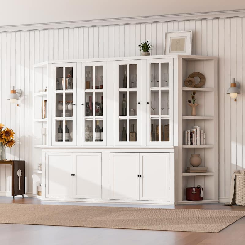 2x 75.25'' Tall Display Cabinets and Two Triangle Sided Bookshelves, 105.5'' Wide Retro Style Wall Suit with Glass Doors - White