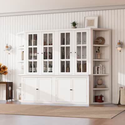2x 75.25'' Tall Display Cabinets and Two Triangle Sided Bookshelves, 105.5'' Wide Retro Style Wall Suit with Glass Doors