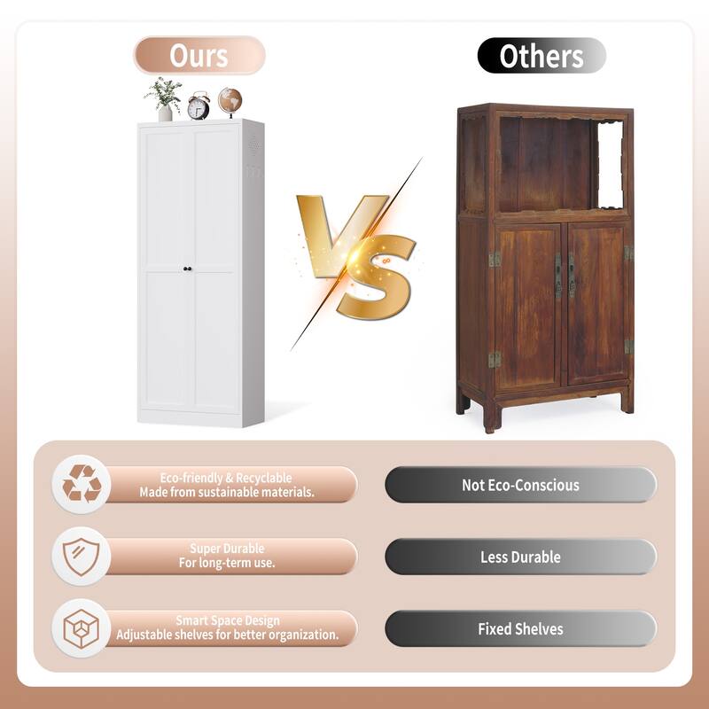 72" White Metal Kitchen Pantry Cabinet with Doors, Heavy-Duty Freestanding Storage Organizer with 5 Adjustable Shelves