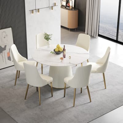 53'' Round Dining Table for 6, Modern White Sintered Stone Tabletop with Lazy Susan - N/A